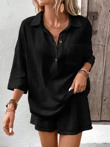 Women's Double Pleated Lapel Shirt Two Piece Set, Summer Outfit Set, Casual Fashion Matching Suit, New Arrival Trendy Clothing for Everyday Wear