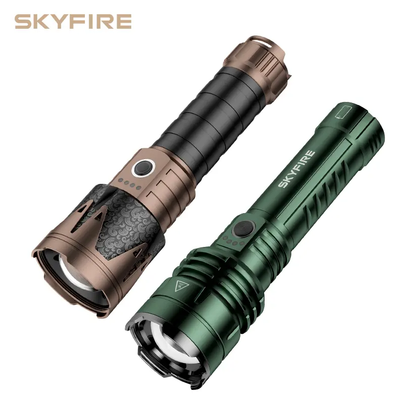 SKYFIRE Multifunctional LED Flashlight - 5000mAh, High Brightness, Focusable Beam, Ignition Lens, Water Resistant, Adjustable, SOS Mode, Ideal for Hiking, Emergencies