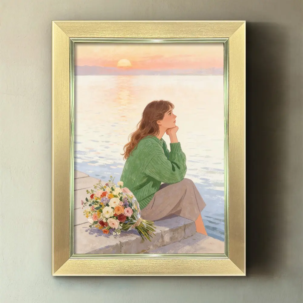 Minimalist European Wall-Mounted Picture Frame, Artistic, Sizes 8x12/12x16/16x22 Inches, Young Woman Holding Chin, Sunset, Indoor Decor, Painting Frame