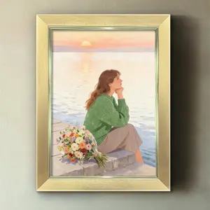 Minimalist European Wall-Mounted Picture Frame, Sizes 8x12/12x16/16x22 Inches, Young Woman Holding Chin, Indoor Decor