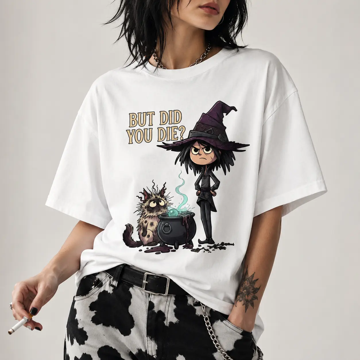 [100% Cotton] But Did You Die? T-Shirt, But Did You Die? Funny Witch Graphic Tee, Cute Halloween Witch Shirt with Magic Cauldron & Cat, Spooky Witchcore Short Sleeve Tee, Retro Graphic Tshirt, Halloween Gift For Women Men