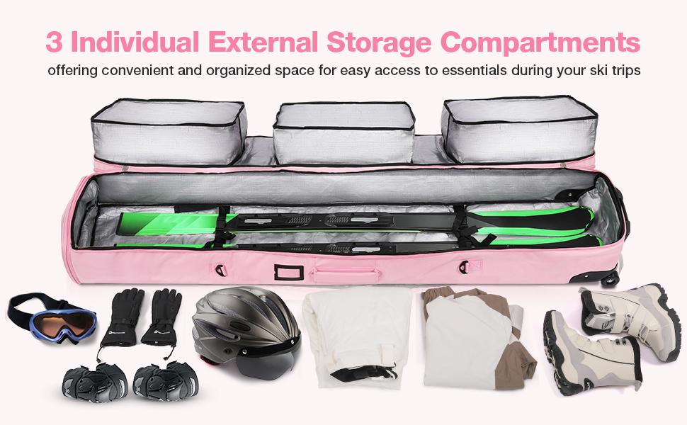 Rolling Ski Bags with Wheel, 155cm-175cm Padded Waterproof Snowboard Bag for Air Travel, Fits Single Ski & Skis with 3 Separation Storage, Unisex Adjustable Length, Pink