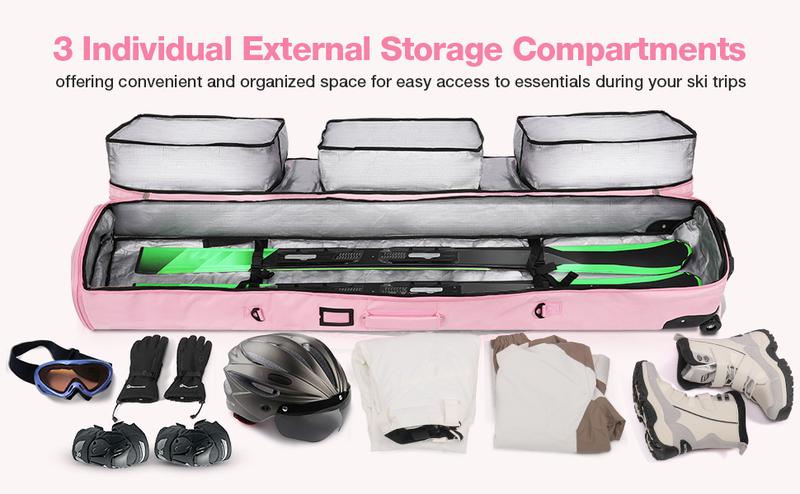 Rolling Ski Bags with Wheel, 155cm-175cm Padded Waterproof Snowboard Bag for Air Travel, Fits Single Ski & Skis with 3 Separation Storage, Unisex Adjustable Length, Pink