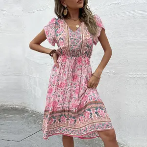 Women's Boho Floral Maxi Dress Short Sleeve Tiered Flowy Summer Beach Dress