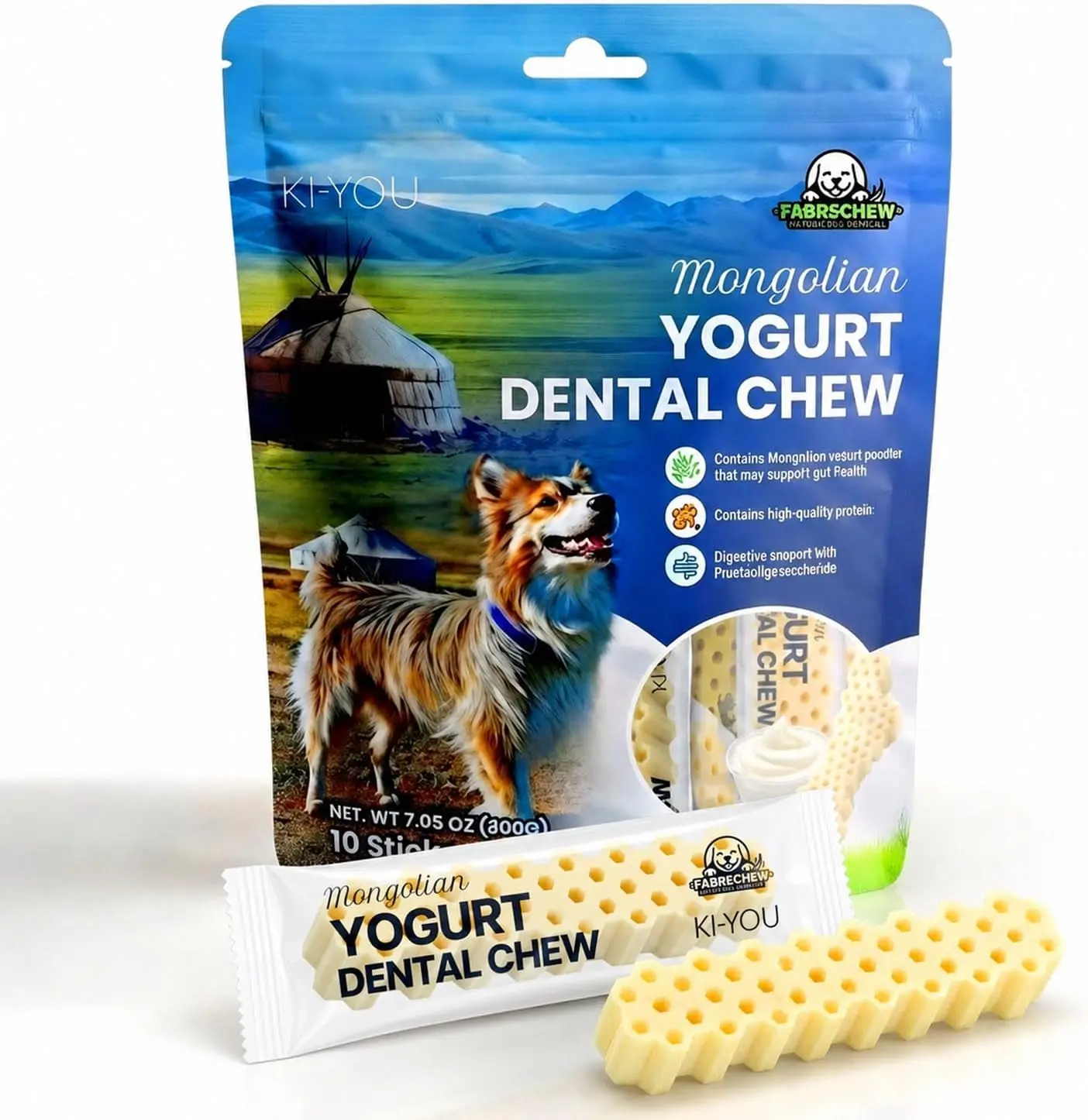 Fabrechew KIYOU Mongolian Yogurt for Dogs – Probiotic & Prebiotic Rich for Gut Health, Soft Honeycomb Shape for Gentle Dental Care, and Sensitive Gums (Chew - Long Type)