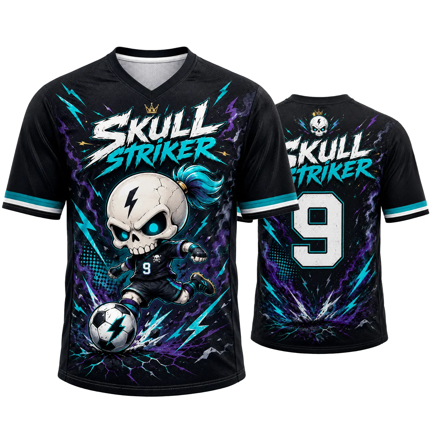 Skull Striker V-Neck Soccer Jersey for Men Women – Black Teal Chibi Skeleton Football Graphic Shirt with Lightning Effects & Number 9