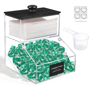 2 in 1 Dryer Sheet Holder & Laundry Pods Container, Laundry Detergent Organizer Container with Lid, Acrylic Laundry Room Organization Storage Containers with Labels, Dishwasher Pod Holder