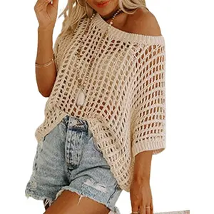 Womens Fashion Sweater Casual Off The Shoulder Short Sleeve Hollow Out Sweater Pullover Knit Tops