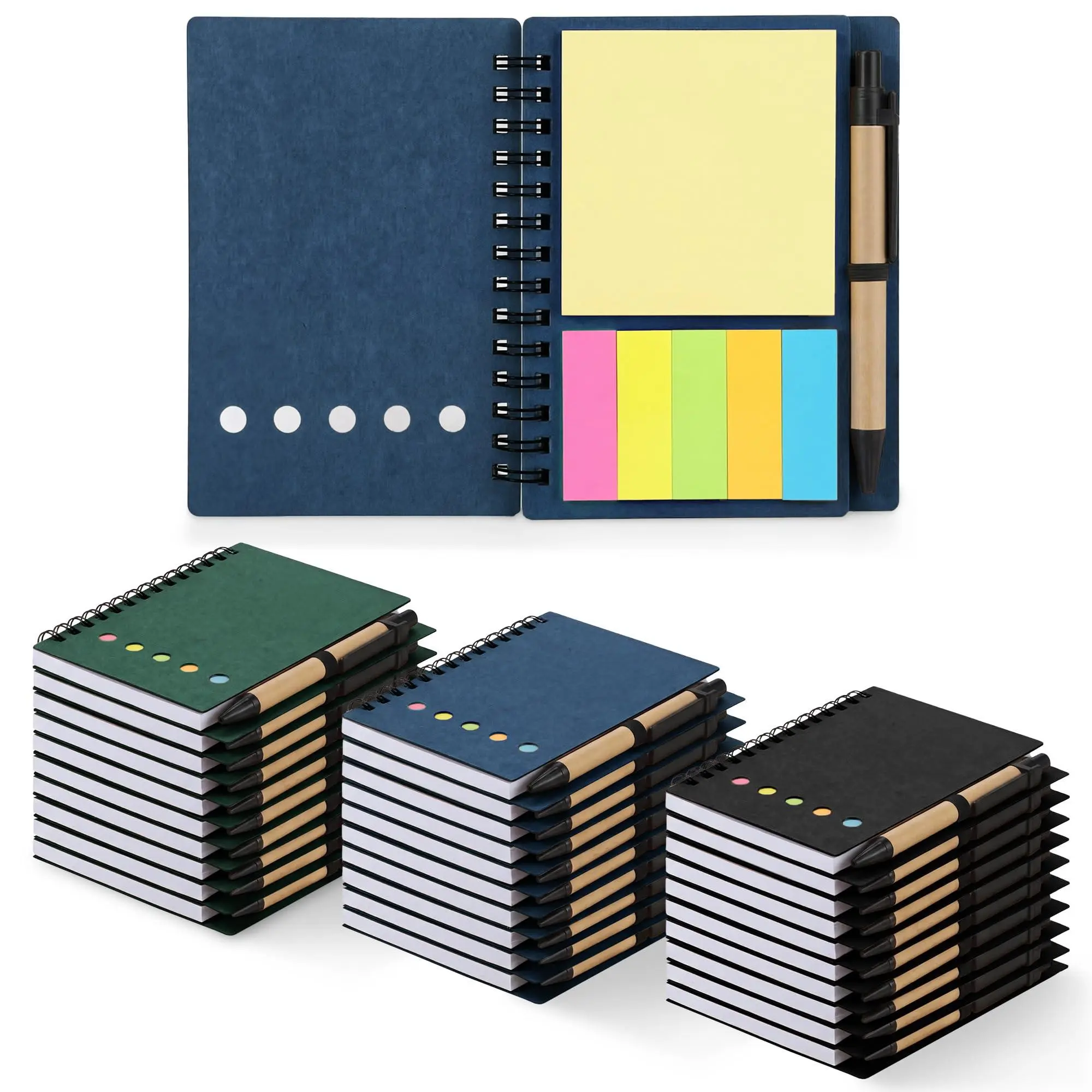 GAOMON Takywep 30PCS Spiral Notebook Set – Pocket Size 13x10cm – Lined Kraft Paper Cover with Elastic Band – Eco-Friendly Ballpoint Pens, Sticky Notes, 5-Color Bookmarks – Portable Notepads