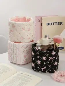 Floral Pattern Quilted Makeup Bag, Travel Toiletry Organizer Bag, Makeup Storage Bag, Women Travel Bucket Bag, Beach Daily Commuter Floral Tote Bag, Makeup Organizer Pouch