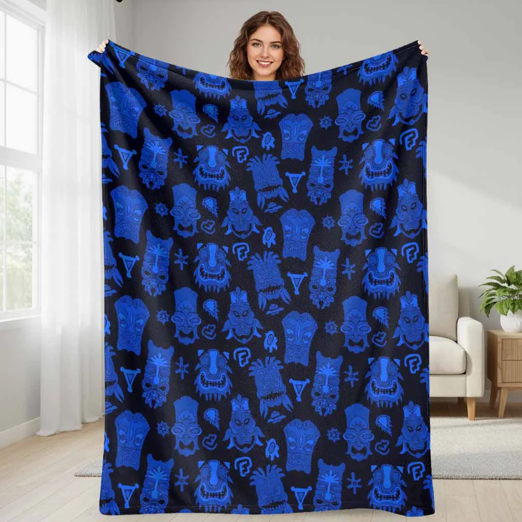 Tiki Mask Flannel Throw Blanket Blue Tribal Totem Pattern Lightweight Soft Cozy Warm Fuzzy Plush Fabric Bed Sofa Couch Outdoor Camping Travel Picnic Home Decor Birthday Gift