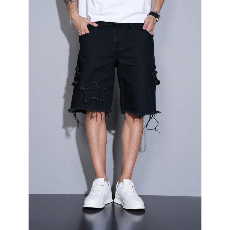 (Gold promotion)Manfinity EMRG Men's Casual Solid Color Denim Black Shorts Jorts With Frayed Hems, Men Black Cargo Shorts, Gothic Men Shorts, Mens Ripped Shorts, Men S Fashion Creative Fringe Denim Shorts