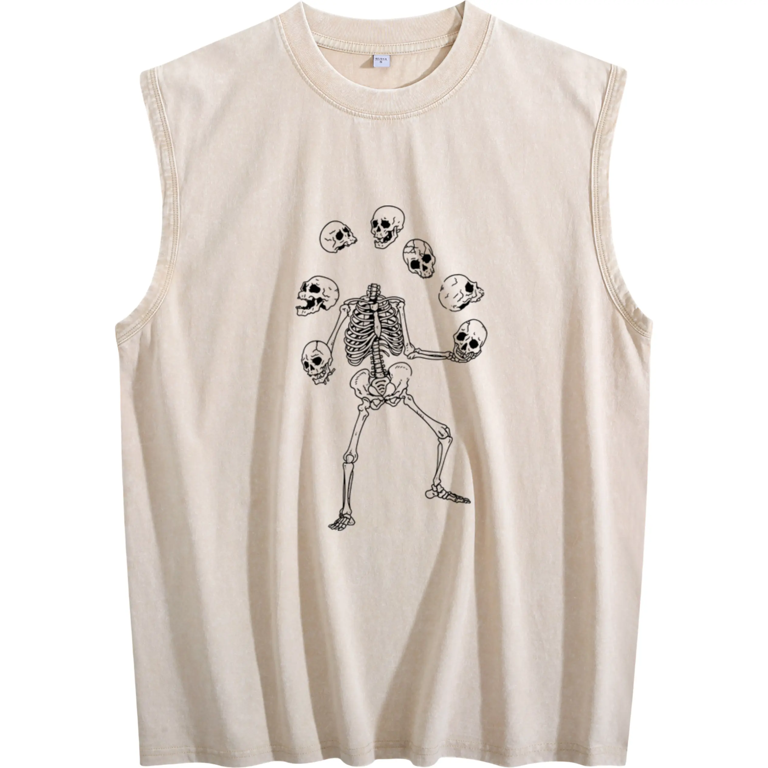 Men’s Washed Sleeveless Vest with Gothic Skeleton & Skull Graphics – Comfortable Round Neck, Durable Machine Washable Fabric, Perfect for Halloween, Themed Parties, and Daily Casual Wear