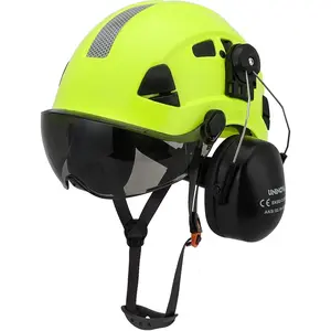 Hard Hat with Ear Muffs and Visor, Forestry Safety Helmet Arborist Tree Climbing, Vented ABS Construction Helmet Hearing Protection, 3-in-1 Helmet Kit for Landscaping Chainsaw Work