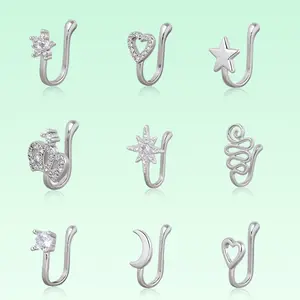9pcs Gold/Silver Non-Piercing Nose Ring Set, Copper Clip-On Nose Jewelry with Zirconia, U-Shape, Star, Moon, Heart, Crown & Music Note Designs, Fashion Nose Clips & Studs