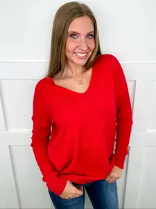 Zenana Basic Tempted By It Knit Long Sleeve Sweater Top - Soft V-Neck Pullover in Multiple Colors for Relaxed Fit & Stretchy Comfort - Sweatshirt