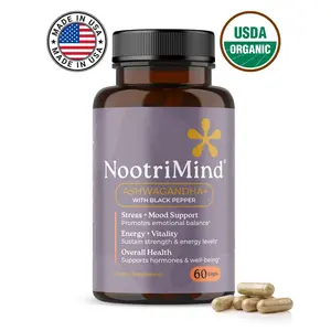 NootriMind Ashwagandha + Black Pepper Capsules for Stress & Mood Support Natural Organic Supplement Daily Ayurveda Formula USDA Organic