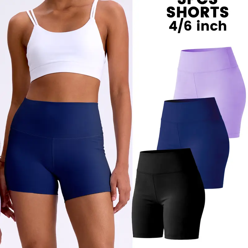 SKIDREAM Women's High Waisted Biker Shorts 3-Pack - 4"/6 In Waist Reduction Athleisure Shorts for Women, Above Knee Stretchy Polyester V-Back Cut Plus Size Activewear for Gym, Yoga - Figure-Flattering, No-Restriction Fit