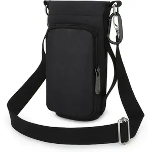 Water Bottle Carrier Bag Small Crossbody Purse Bottle Sling Holder Case with Shoulder Strap and Phone Pocket Pouch Black