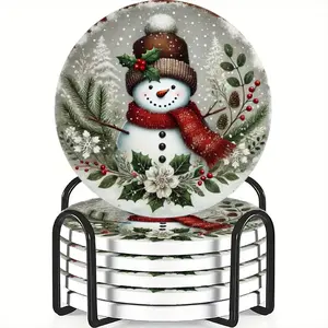 6-Piece Ceramic Coaster Set Snowman Design Non-Slip Heat Resistant for Coffee & Drinks Home Decor Ideal Gift Birthday Festival