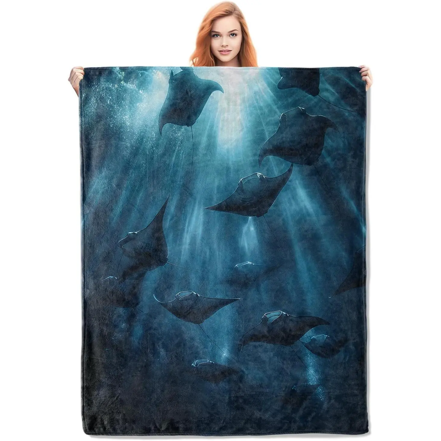 Stingray Plush Throw Blanket, Wrinkle Resistant Soft Warm Lightweight Cozy Sea Ocean Fish Theme Blanket for Grandparents, Bedroom Living Room Home Decor (122Cm×81Cm（32X48in）, 152Cm×127Cm（50X60in）, 178Cm×137Cm（54X70in）)