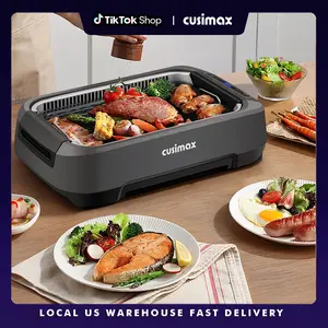 CUSIMAX Compact Smokeless Electric Indoor Grill, 1500W Power Korean BBQ with Non-Stick Removable Plate, LED Control Display, Tempered Glass Lid & Grill Rack, Grey for Indoor Smokeless Cook tiktokshopspringglowup
