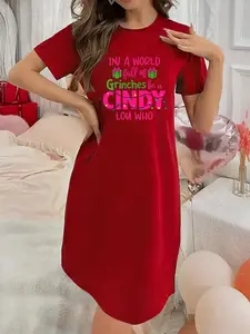 Soft and Slightly Stretchy Women's Underwear In a world full of Grinches be a Cindy lou who Pattern Short Sleeve Crew Neck Nightgown, Sexy Elegant Youthful Women's Christmas Dress, Perfect for Halloween, Christmas, and Thanksgiving Gifts