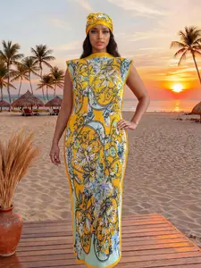 Women Floral Print Long Dress Set, Elegant Slim Fit Design, Perfect for All Seasons, Ideal for Beach & Casual Wear, Elegance