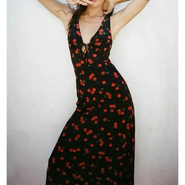 Women's Midi Dress, Sweet Cherry Print Viscose Tank Dress with French Style V-Neck and Bow, Slim Fit Resort Wear, Women's Clothes, Sleeveless, Flowers, Going Out, Dress Casual
