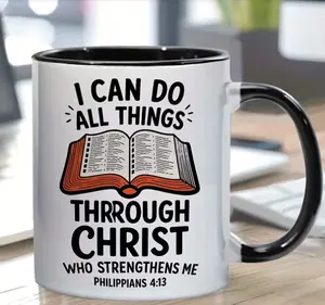 Inspirational Bible Verse 11oz Ceramic Mug Philippians 4 13 Christian Coffee Cup Open Book Design Faith Drinkware High Quality Print Religious Mug Gift For Christians Teachers Graduates Church Members Premium Kitchen Cup For Home Office Daily Use
