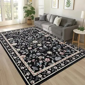 Washable Living Room Rug 9x12 Farmhouse Floral Accent Rug with Non-Slip Backing, Stain-Resistant Soft ，for Dining Room, Bedroom, Kids Room, Black Decorative Area Rug Durable Decorative Mat