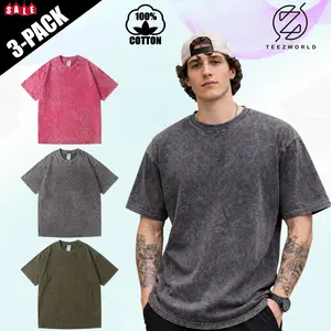 Premium 3-Pack Oversized Acid Wash T Shirts Heavyweight Cotton Vintage Distressed Hip Hop Harajuku Washed Tees Baggy Gym Workout Fitness Running Tops Unisex Retro Streetwear Breathable Summer Short Sleeve Multi Color