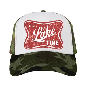 It's Lake Time Trucker Hat - Foam Snapback with White Front Panel, Camouflage Pattern, Men's and Women's Lake Hat