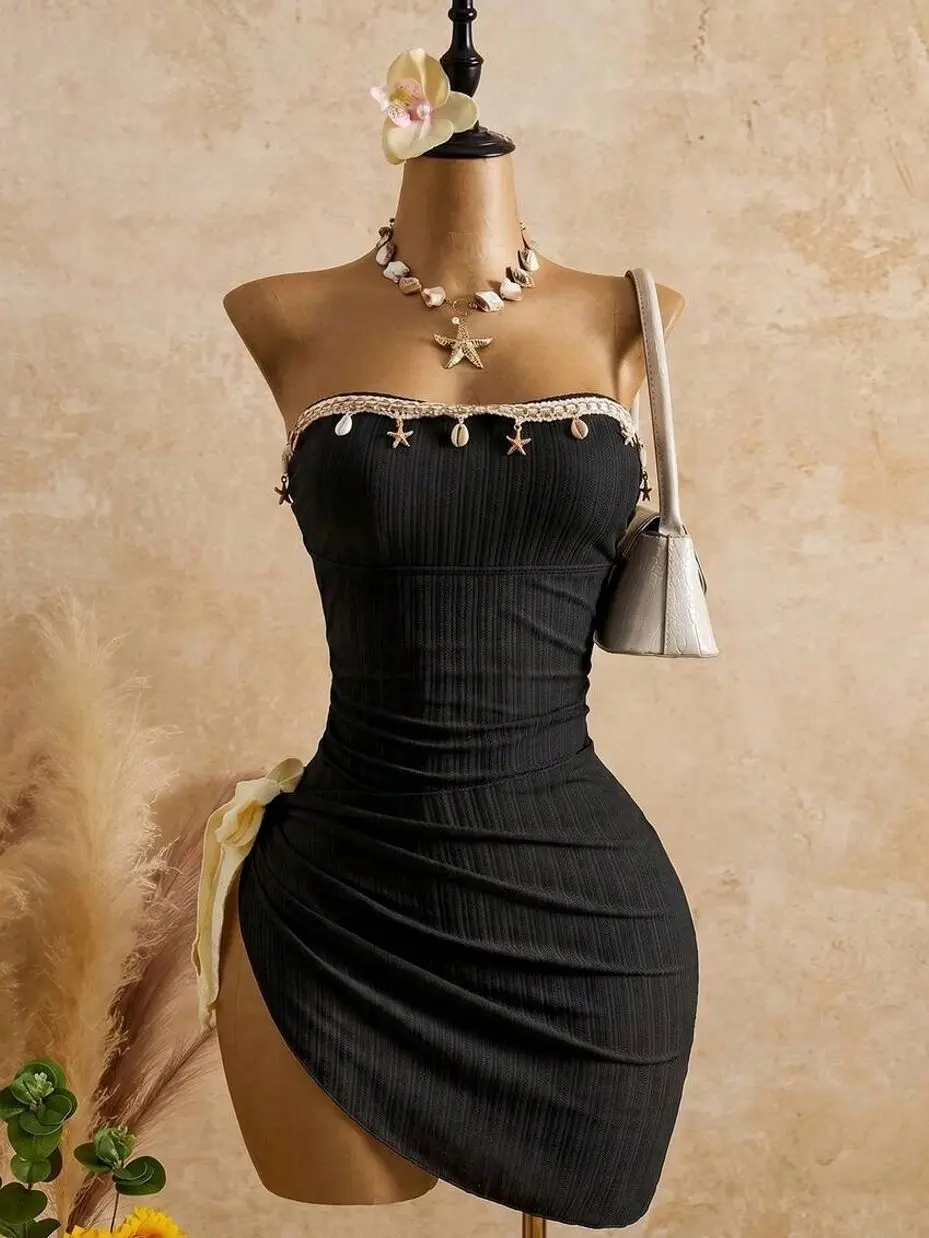 Bellisia Black Seashell Trim Strapless Romper | Asymmetric Side-Tie Wrap Skirt Tropical Boho Dress | Summer Resort Beach Outfit