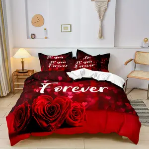 2/3 piece floral everlasting love red rose print quilt cover kit - soft breathable polyester bedding with zip closure, machine wash, digitally printed, all season comfort, pillowcase included (1 quilt cover + 1/2 pillowcase, no filler)