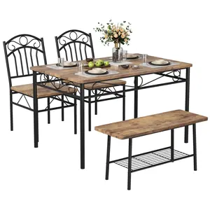 Garvee Industrial Dining Table Set for 4, 4-Piece Dining Room Table & Chairs, 43.3" Kitchen Table Set with Chairs & Bench for Small Space, Breakfast Nook - Retro Brown