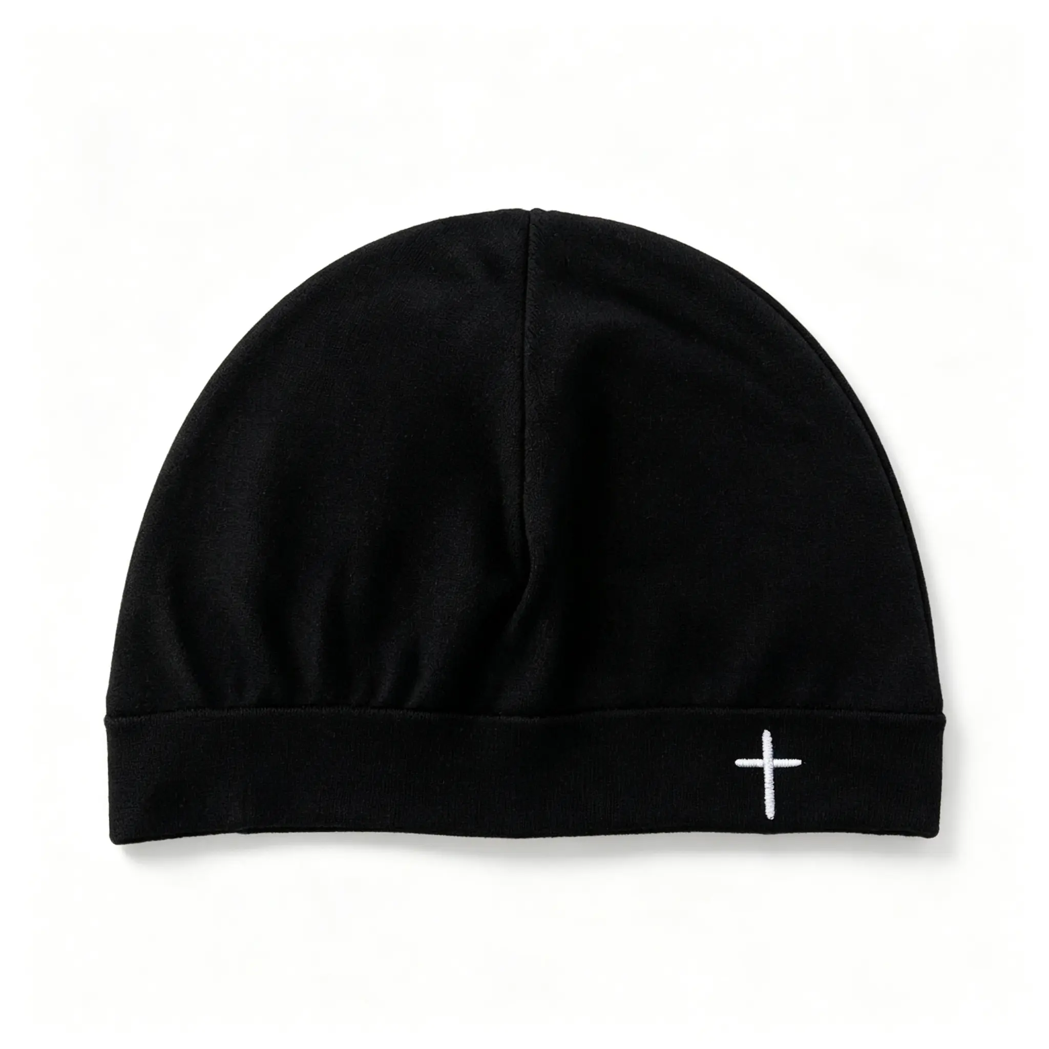 Stretchy Lightweight Skull Cap White Cross Embroidery Beanie for Men Fitness Hiking Casual Outdoors