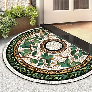 Marble Texture Floral Leaf Pattern Door Mat, Half Round Design, Washable Indoor Outdoor Rug, Modern Area Rug, Suitable for Entrance Kitchen Bathroom Patio Balcony, Home Decor Rug