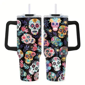 Halloween Sugar Skull Tumblers with Handle Lid and Straws 40oz, Stainless Steel Vacuum Insulated Double Wall Travel Tumbler Cups for Men Women, Gift for Skull Lovers, Day of the Dead Día de los Muertos Coffee Mug for Decor