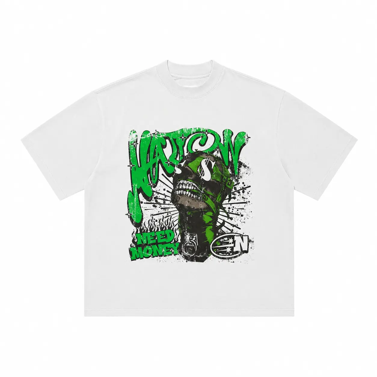 "NEED MONEY" Green Graffiti Graphic Tee Oversized Men Women Vintage Hip Hop Streetwear Y2K Heavyweight Cotton Short Sleeve T-Shirt