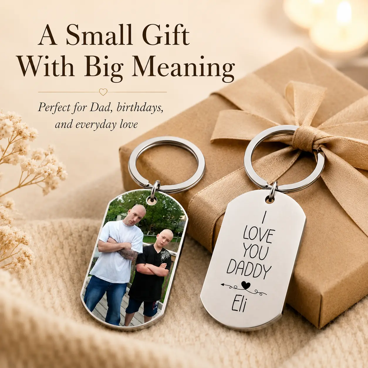 Personalized Photo Keychain for Dad, Custom Stainless Steel Picture Keychain with Name, Father’s Day Birthday  from Kids art perfect holiday gift