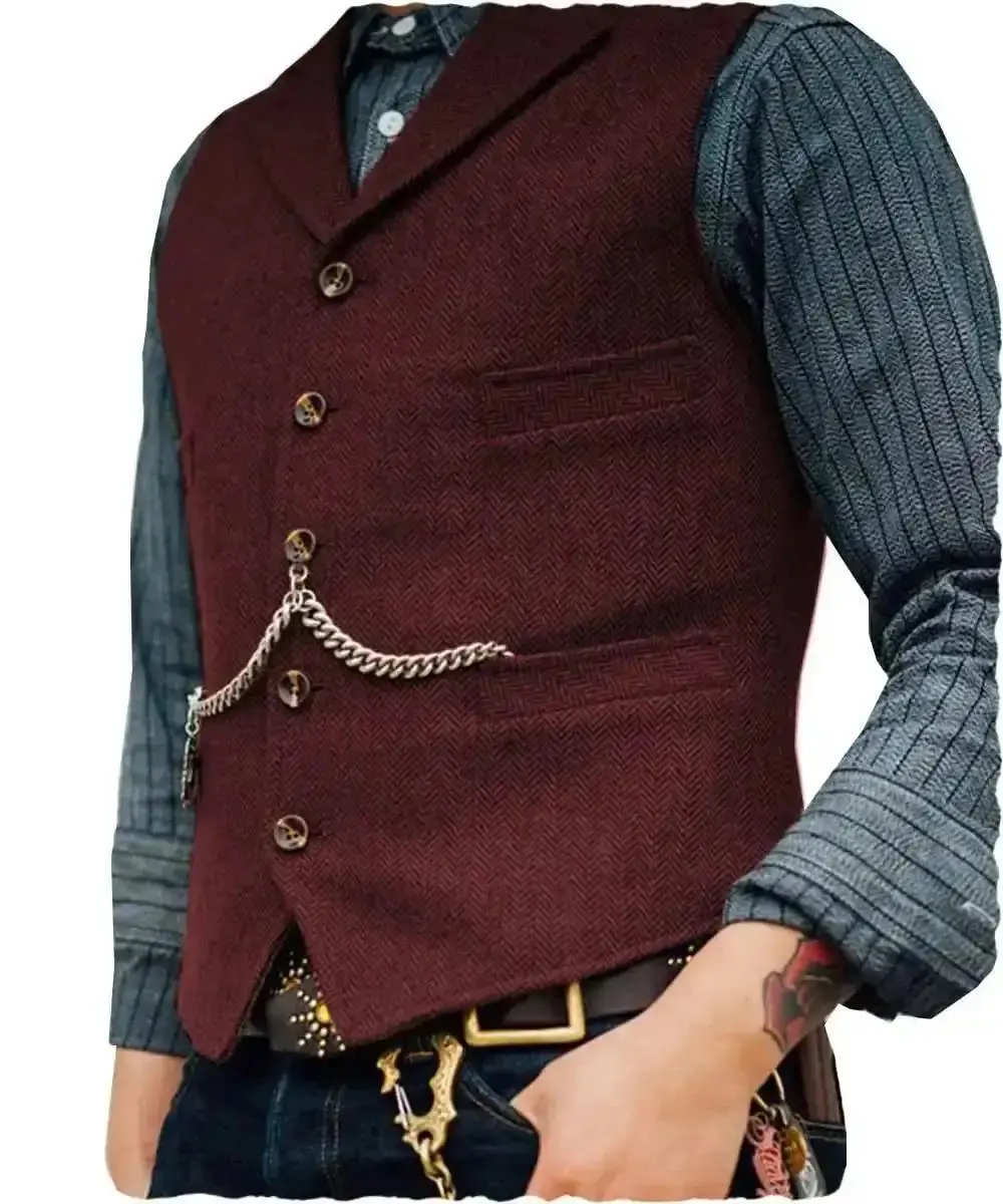 Men's Classic Cowboy Single Breasted Tweed Herringbone V-Neck Suit Vest Wool-Polyester Blend Steampunk Fashion Ideal for Vintage Outfits Business, Versatile, Modern, Casual, Sharp, Stylish