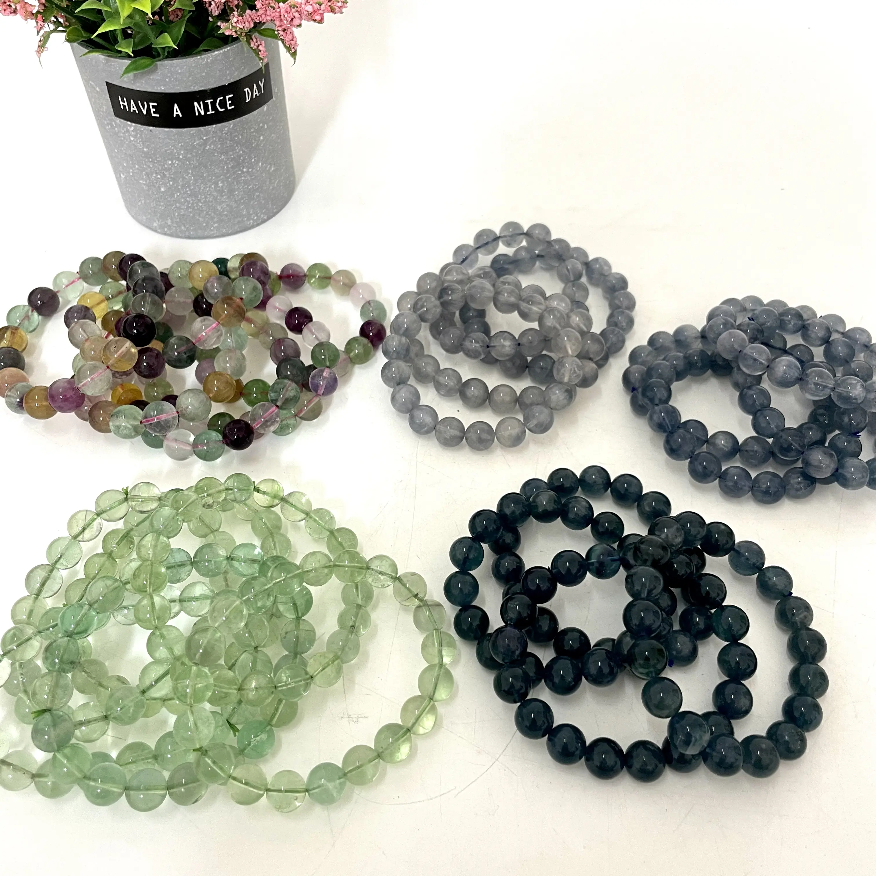 IG Crystal 2 Counts Green/Blue/Colourful Fluorite Bracelets 9~11mm Natural Crystals Healing Crystals Bracelet for Women and Men Teens Crystal Jewelry Shop Pretty Crystals