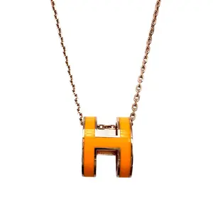 Pre-owned Hermes Pop H Necklace Rose Gold Plated Chain/Orange H HMN12