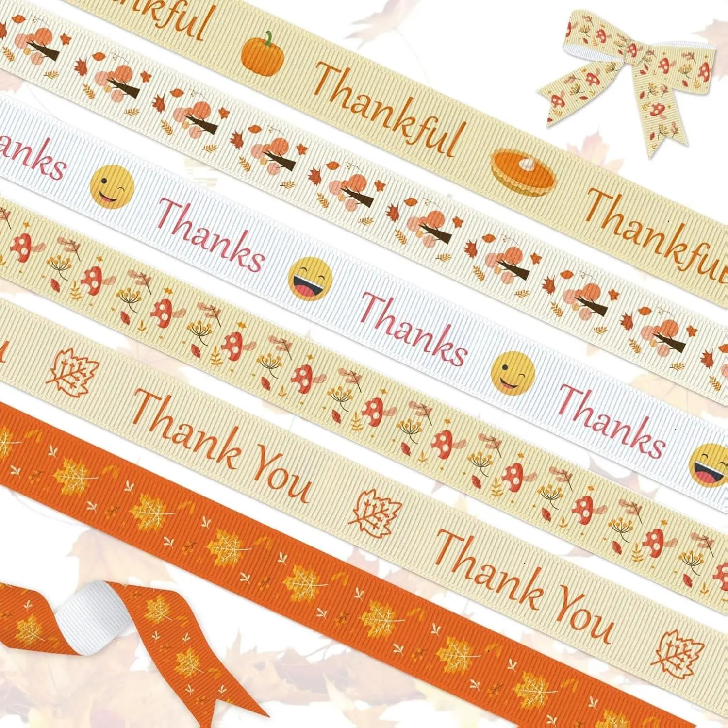 6 Rolls 18 Yards Fall Ribbons Autumn Ribbons Wave Polyester Satin Ribbon Thanksgiving Pumpkin Maple Leaf Orange Ribbon 3/8" Wide for Gift Wrapping DIY Crafts Fall Thanksgiving Decor,3 Yards Per