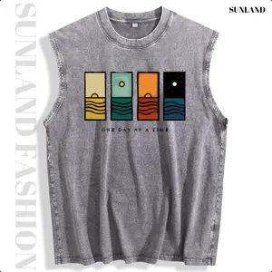 Sunland Loose Fit Womens GYM Print Acid Washed Workout Tank Tops - Sleeveless Unisex "One Day At A Time" Graphic Tees