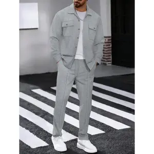 Men’s long-sleeve shirt and drawstring pants set, casual and comfortable for everyday wear, perfect for leisure activities, fall outfit