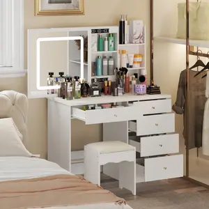 Large Vanity Table Set with Mirror, Makeup Dressing Table, 5 Drawers & Shelves, Dresser Desk with Cushioned Stool Furniture Storage
