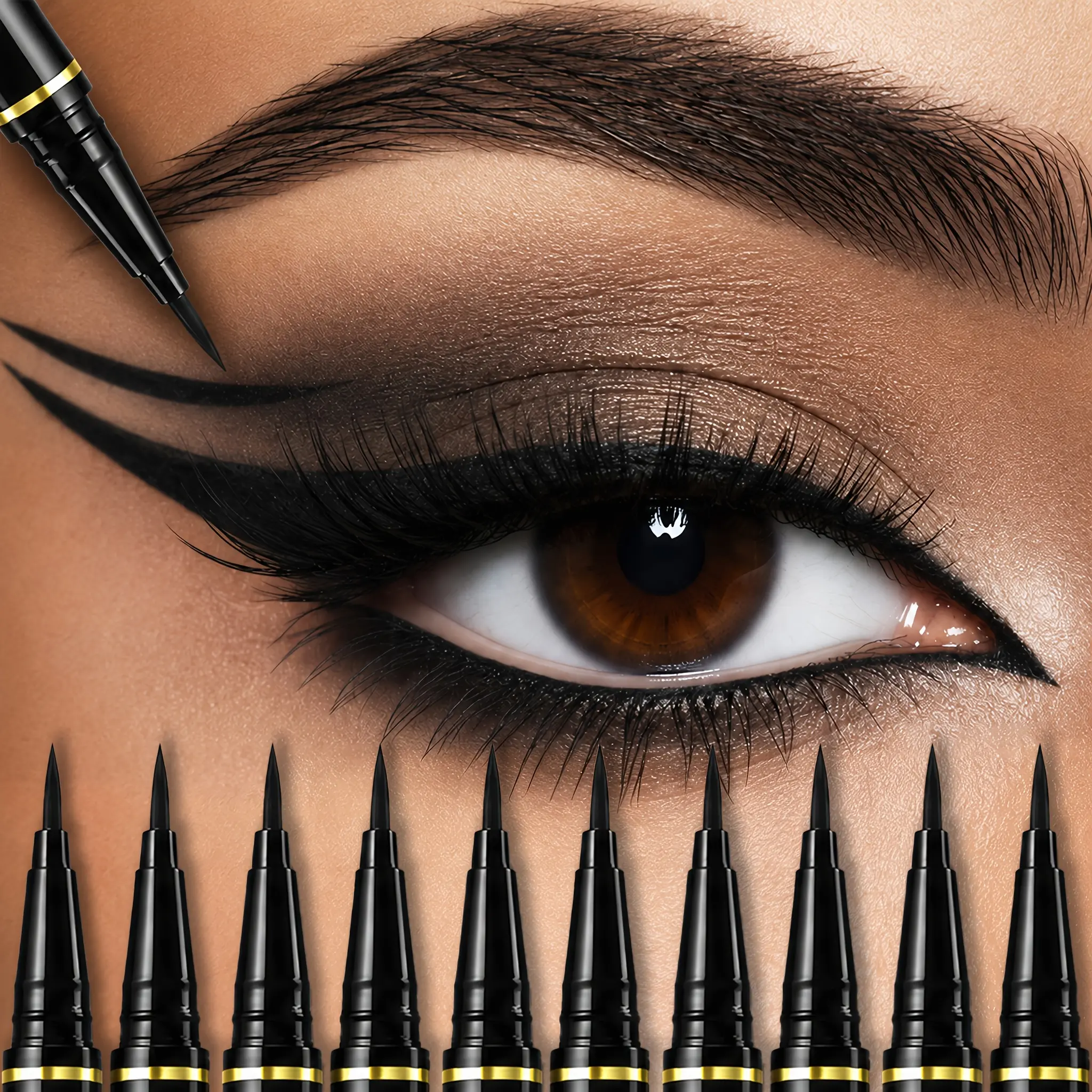 MooGlamor 10Pcs Precise Eyeliner With Stencil Set Long Lasting Matte Eye Makeup Pens Quick Dry Waterproof Smudgeproof High Pigmented Tip Liner Smooth Cosmetic Summeressentials
