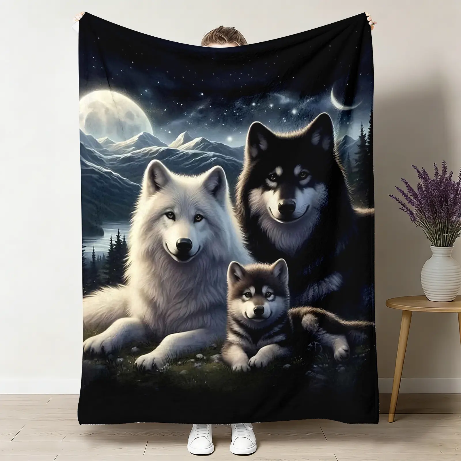 Soft Flannel Throw Blanket, Breathable Lightweight All-Season Warm Blanket with Contemporary Wolf Family & Mountain Night Sky Nature-Inspired Design, Anti-Pilling for Sofa Bed, Home Decor Gift Accessory, Breathable Lightweight Blanket, Flannel Blankets